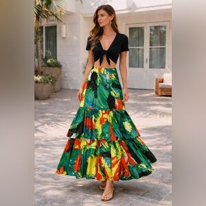 AKIRA Bold Green Multi-Print Tiered Maxi Skirt